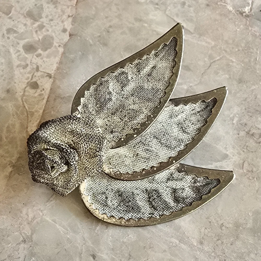 Vintage rose flower leaves‎ pin brooch silver tone mesh metal rustic retro